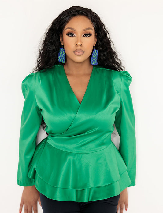 Green Peplum Wrap Blouse